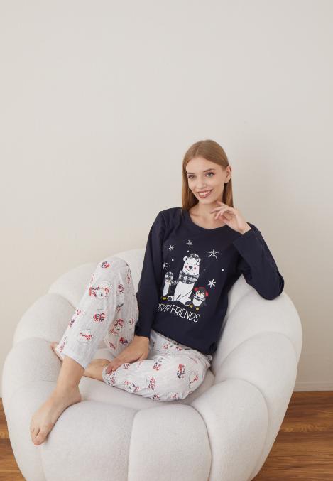 Pijama Dama Craciun "FOREVER FRIENDS" ,maneca lunga ,pantaloni lungi,Engros